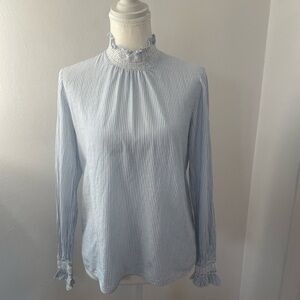 Sezane Cathy Blouse Light Blue Striped Smocked-Neck Blouse